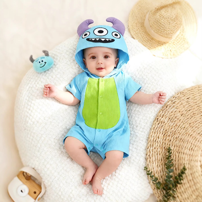 Cotton Baby Onesies Zipper - Neugeborenes Baby Blauer Monster-Strampler Kurzarm Kapuzen-Bodysuit