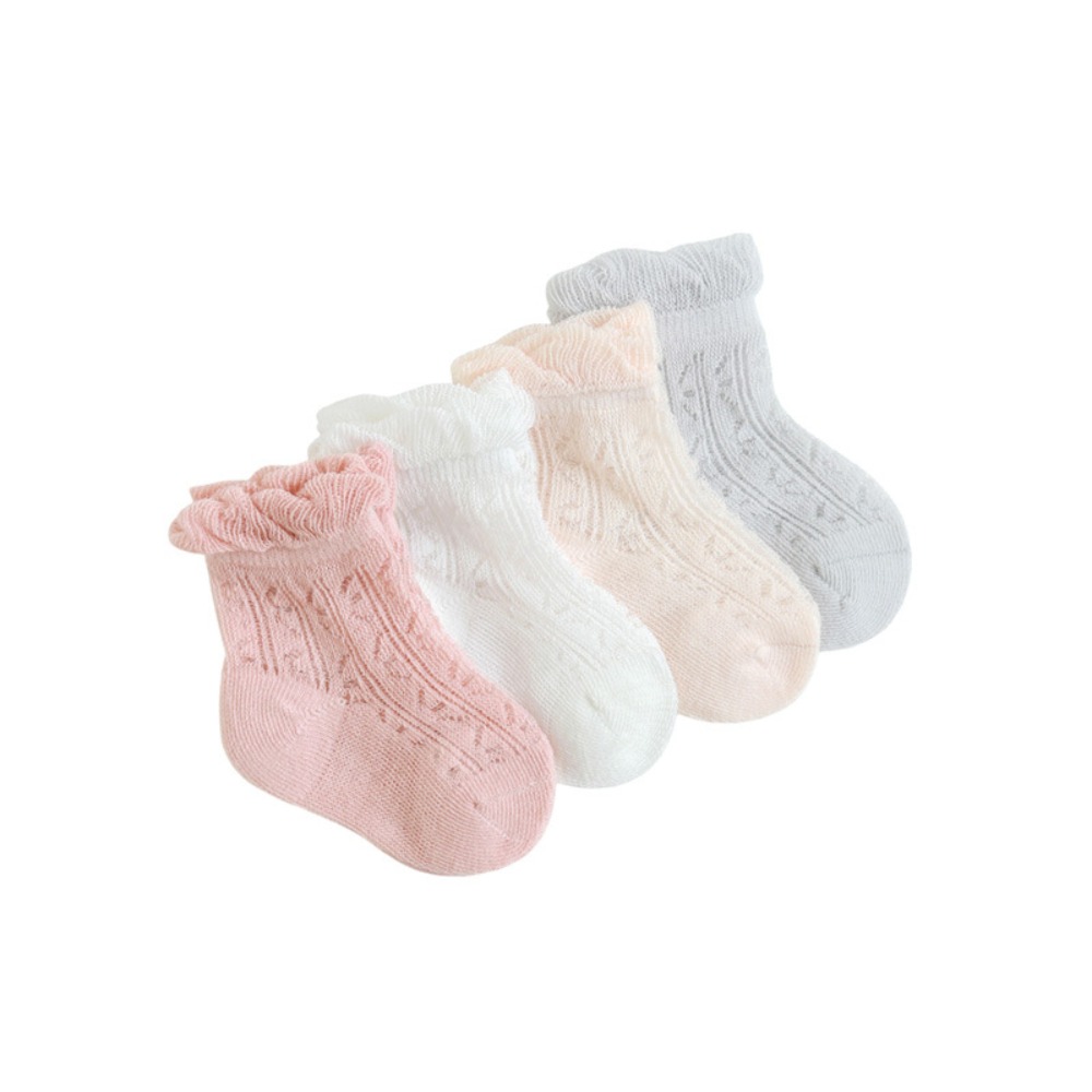 Unisex Baby Socks Non Slip - 4 Paar Süße Baumwoll-Baby-Rüschensocken, Hohle Rutschfeste