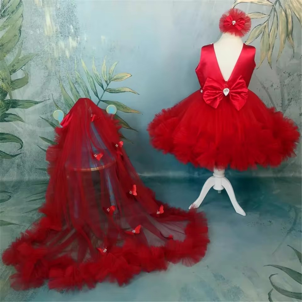 Toddler Girl Tulle Party Dress - Maßgeschneiderte rote Blumenmädchenkleider für die Hochzeit,