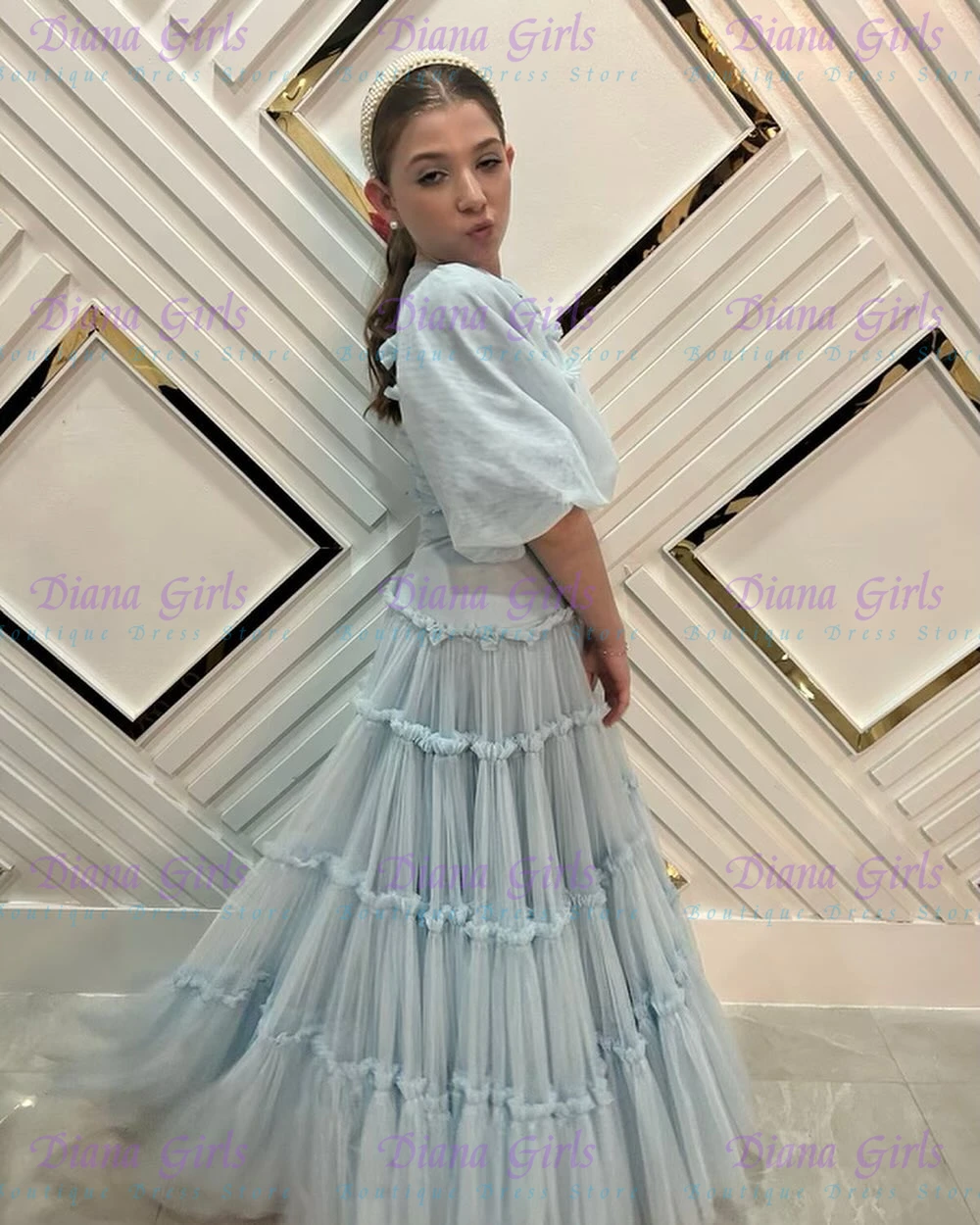 Toddler Girl Tulle Party Dress - Elegante Qualität Hellblaues Blumenmädchenkleid Tüll für