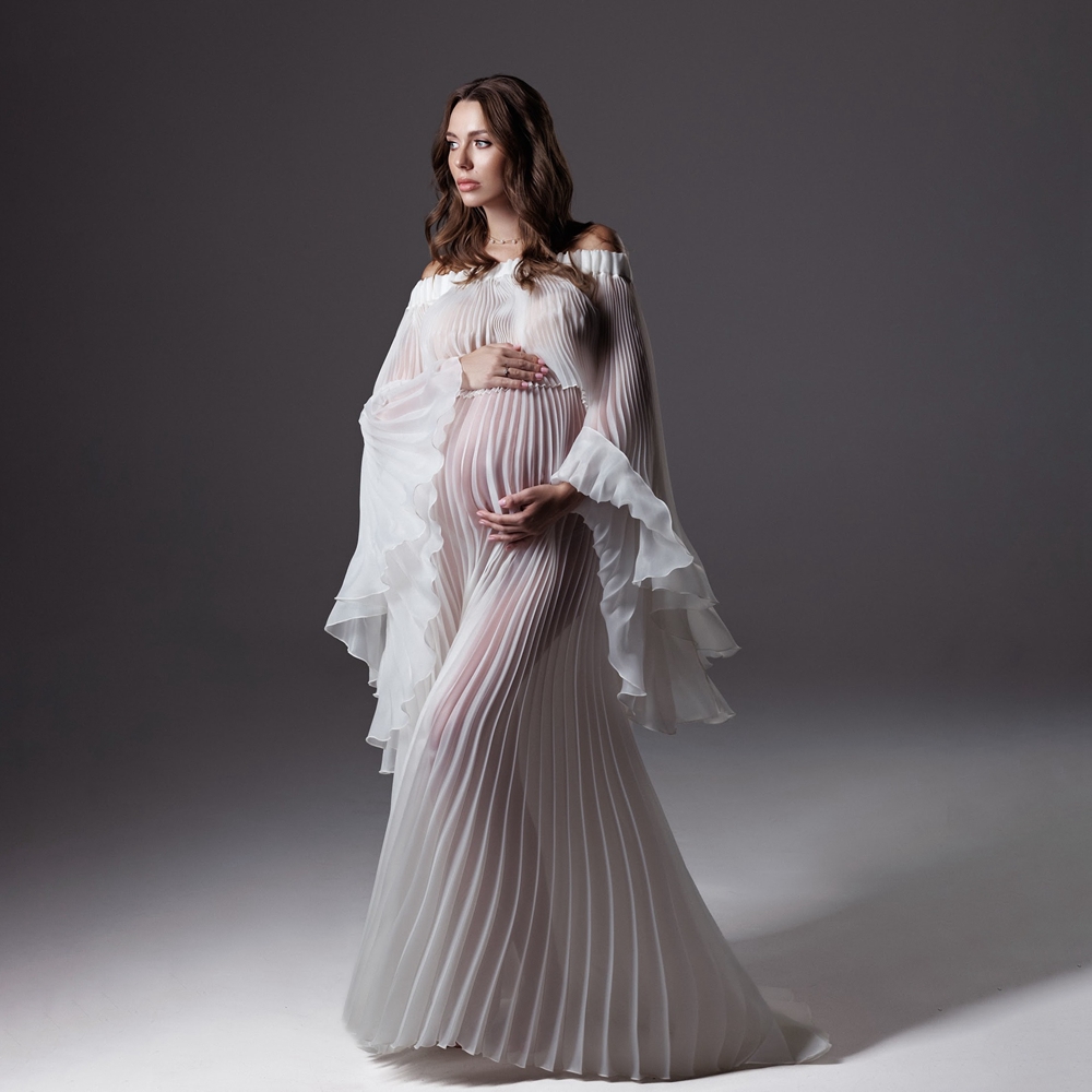 Maternity Wear - Plissierte Umstandskleider für Fotoshootings, weißes Mesh-Kleid