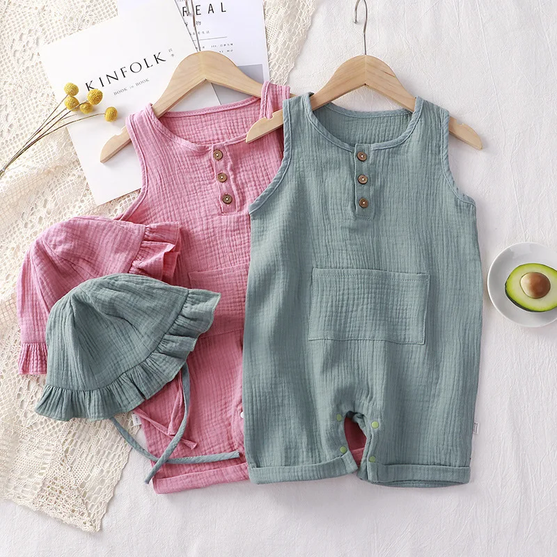 Baby Summer Linen Sleeveless Jumpsuit - 2 Teile/satz Baby Sommer Kleidung Solide