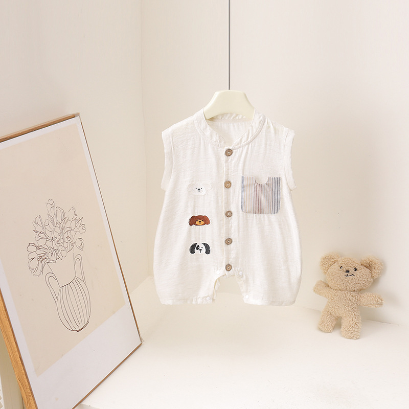 Baby Summer Linen Sleeveless Jumpsuit - Sommer-Strampler für Babys, Jungen, Cartoon-Tier-Stickerei, ärmelloser