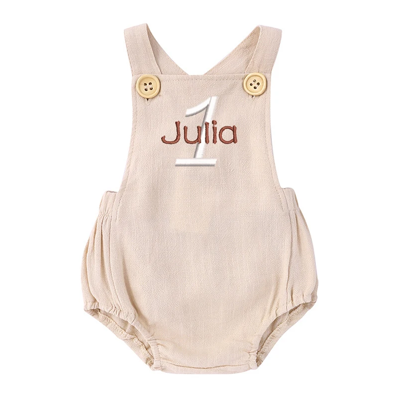 Name bestickter Strampler zum  – Baby Summer Linen Sleeveless Jumpsuit Bewertung und Preis